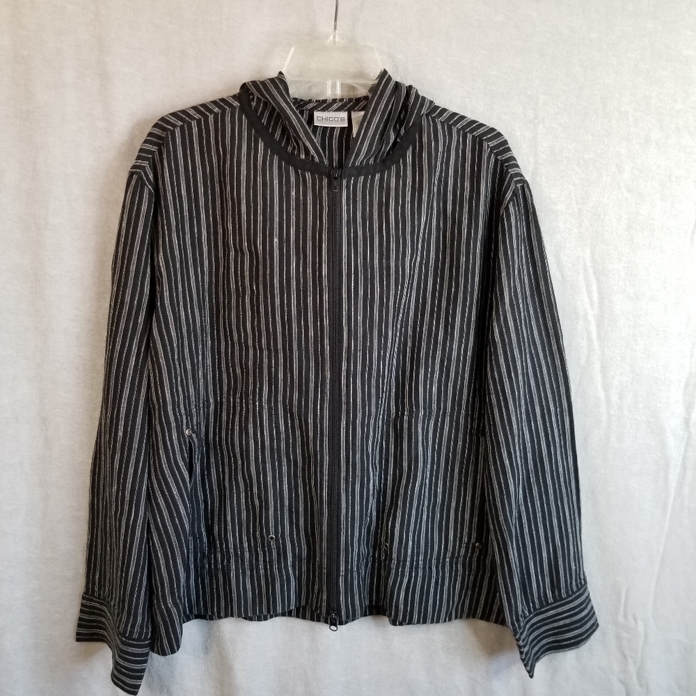 Chico's Women's Jacket Size 3 Black White Striped Linen Zipper Up Hoodie‎